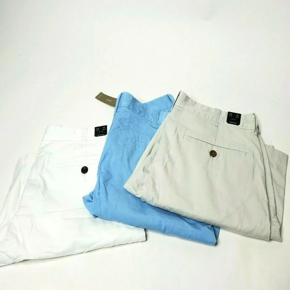 J. Crew Mens 31 9 Inseam Stretch Flat Front Shorts White Khaki Blue New